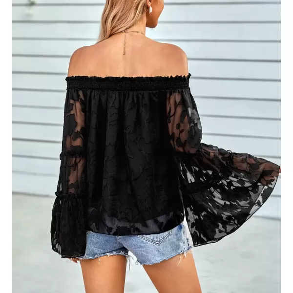 imagechouyatou Womens Sexy Off Shoulder Sheer Bell Sleeve Bohemian Floral Chiffon Blouse TopsBlack