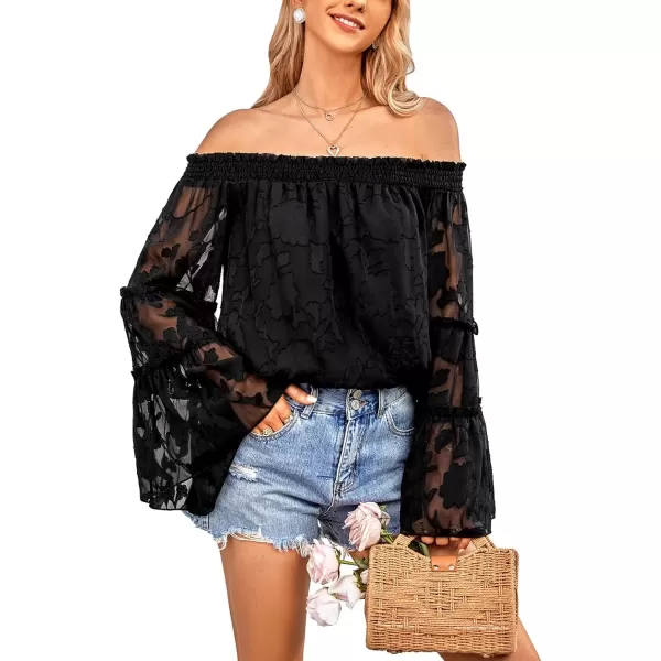 imagechouyatou Womens Sexy Off Shoulder Sheer Bell Sleeve Bohemian Floral Chiffon Blouse TopsBlack