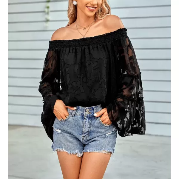 imagechouyatou Womens Sexy Off Shoulder Sheer Bell Sleeve Bohemian Floral Chiffon Blouse TopsBlack