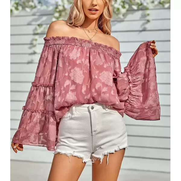 imagechouyatou Womens Sexy Off Shoulder Sheer Bell Sleeve Bohemian Floral Chiffon Blouse TopsDark Pink
