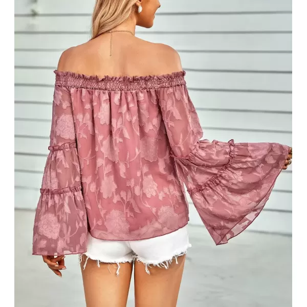imagechouyatou Womens Sexy Off Shoulder Sheer Bell Sleeve Bohemian Floral Chiffon Blouse TopsDark Pink