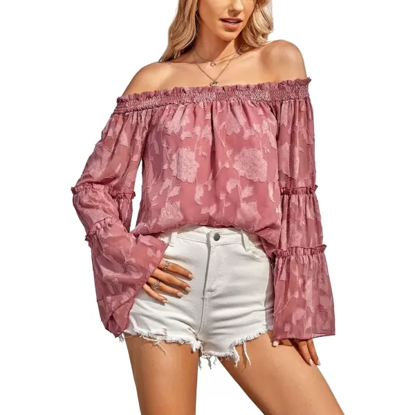 imagechouyatou Womens Sexy Off Shoulder Sheer Bell Sleeve Bohemian Floral Chiffon Blouse TopsDark Pink
