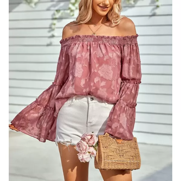 imagechouyatou Womens Sexy Off Shoulder Sheer Bell Sleeve Bohemian Floral Chiffon Blouse TopsDark Pink