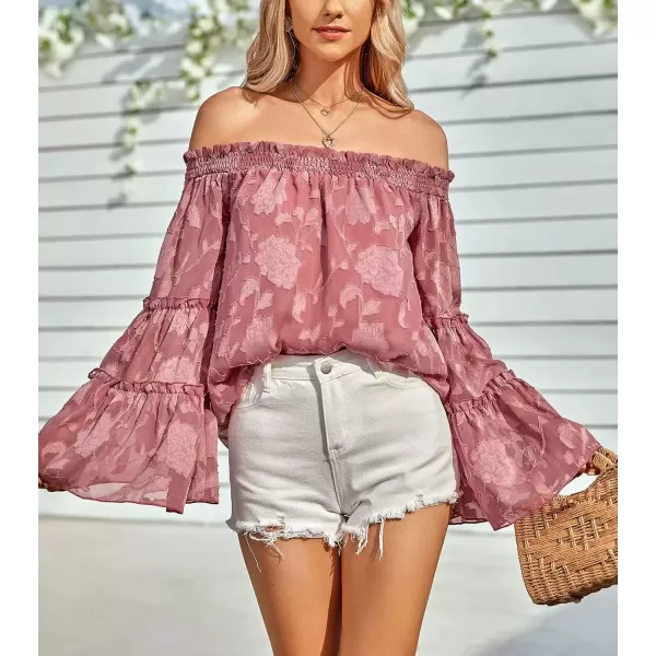 imagechouyatou Womens Sexy Off Shoulder Sheer Bell Sleeve Bohemian Floral Chiffon Blouse TopsDark Pink