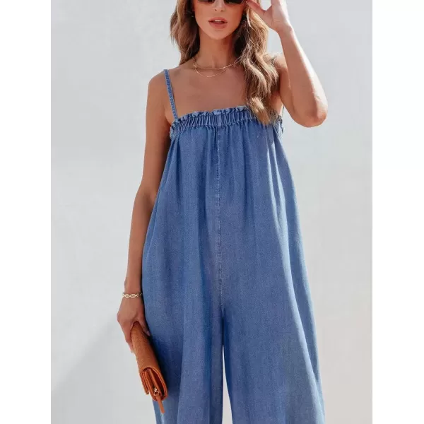 imagechouyatou Womens Sexy Spaghetti Strap Wide Leg Denim Jumpsuits Party Summer Baggy Overalls RompersBlue