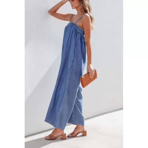imagechouyatou Womens Sexy Spaghetti Strap Wide Leg Denim Jumpsuits Party Summer Baggy Overalls RompersBlue