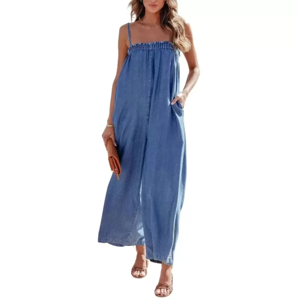 imagechouyatou Womens Sexy Spaghetti Strap Wide Leg Denim Jumpsuits Party Summer Baggy Overalls RompersBlue