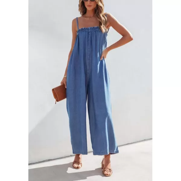 imagechouyatou Womens Sexy Spaghetti Strap Wide Leg Denim Jumpsuits Party Summer Baggy Overalls RompersBlue