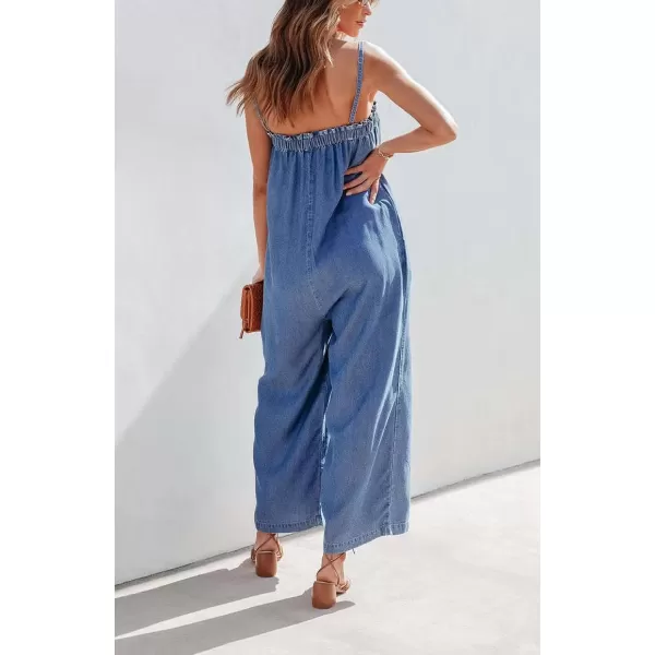 imagechouyatou Womens Sexy Spaghetti Strap Wide Leg Denim Jumpsuits Party Summer Baggy Overalls RompersBlue
