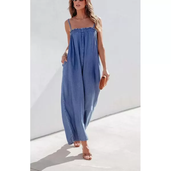 imagechouyatou Womens Sexy Spaghetti Strap Wide Leg Denim Jumpsuits Party Summer Baggy Overalls RompersBlue