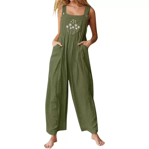 imagechouyatou Womens Sleeveless Dandelion Print Wide Leg Linen Jumpsuit Pants RomperArmy Green