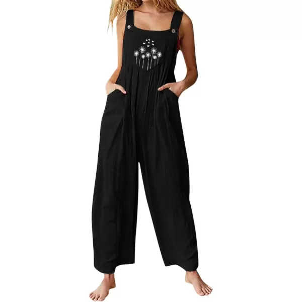 imagechouyatou Womens Sleeveless Dandelion Print Wide Leg Linen Jumpsuit Pants RomperBlack