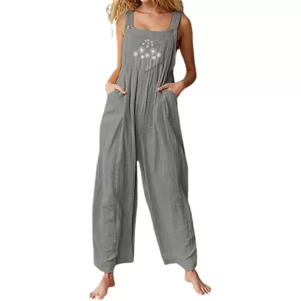 imagechouyatou Womens Sleeveless Dandelion Print Wide Leg Linen Jumpsuit Pants RomperGrey