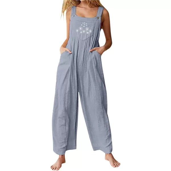 imagechouyatou Womens Sleeveless Dandelion Print Wide Leg Linen Jumpsuit Pants RomperLight Grey