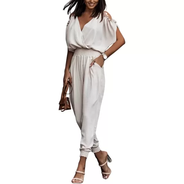imagechouyatou Womens Smocked High Waist Cold Shoulder One Piece Jumpsuits Summer Overall Romper PantsBeige