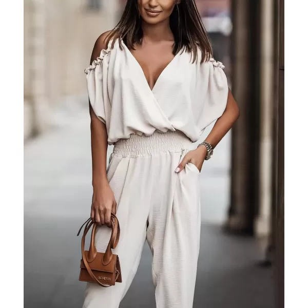 imagechouyatou Womens Smocked High Waist Cold Shoulder One Piece Jumpsuits Summer Overall Romper PantsBeige