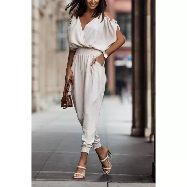imagechouyatou Womens Smocked High Waist Cold Shoulder One Piece Jumpsuits Summer Overall Romper PantsBeige