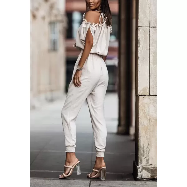 imagechouyatou Womens Smocked High Waist Cold Shoulder One Piece Jumpsuits Summer Overall Romper PantsBeige