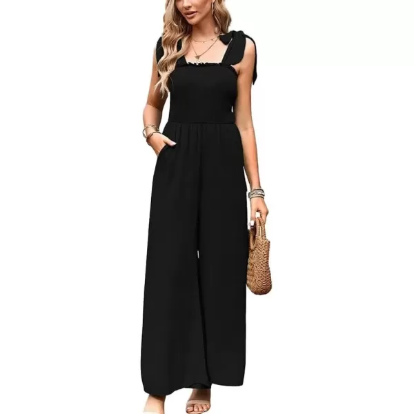 imagechouyatou Womens Smocked Jumpsuit Pants Tie Knot Strap Sleeveless Wide Leg Overall RompersBlack
