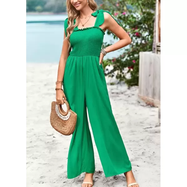 imagechouyatou Womens Smocked Jumpsuit Pants Tie Knot Strap Sleeveless Wide Leg Overall RompersGreen