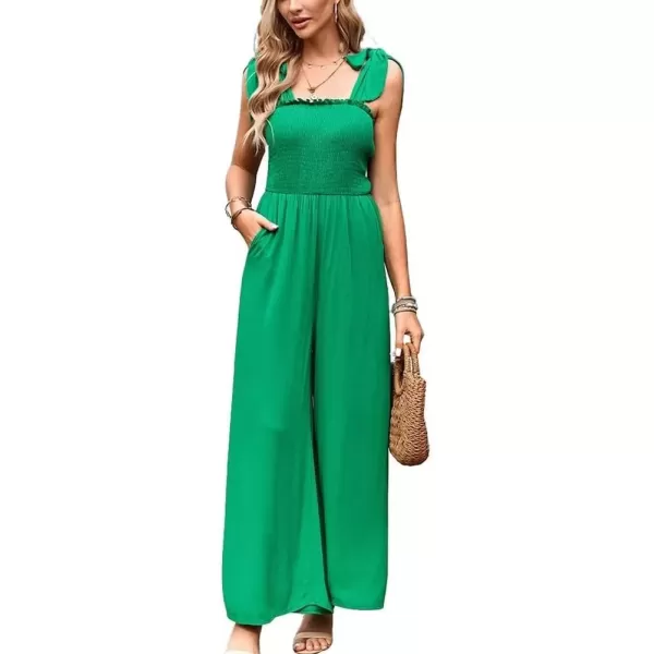 imagechouyatou Womens Smocked Jumpsuit Pants Tie Knot Strap Sleeveless Wide Leg Overall RompersGreen