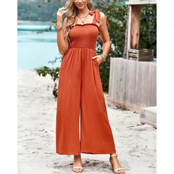 imagechouyatou Womens Smocked Jumpsuit Pants Tie Knot Strap Sleeveless Wide Leg Overall RompersOrange