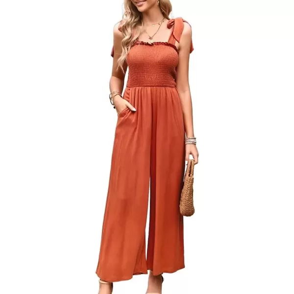 imagechouyatou Womens Smocked Jumpsuit Pants Tie Knot Strap Sleeveless Wide Leg Overall RompersOrange