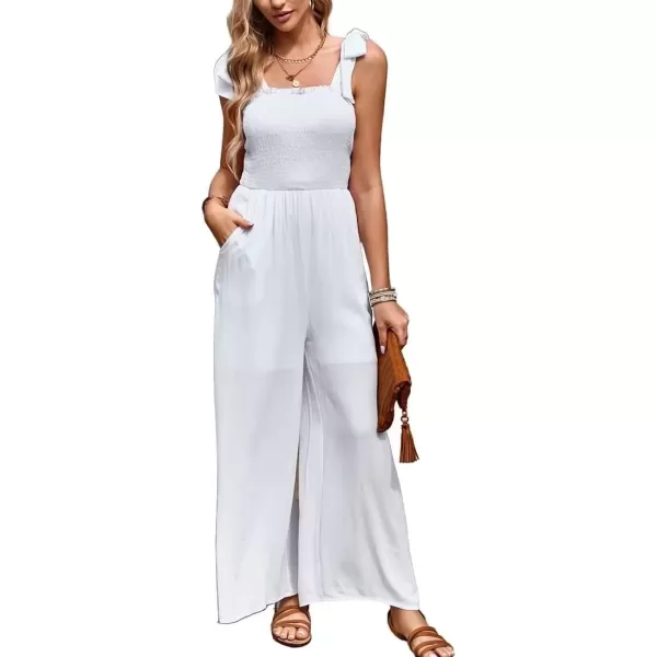 imagechouyatou Womens Smocked Jumpsuit Pants Tie Knot Strap Sleeveless Wide Leg Overall RompersWhite