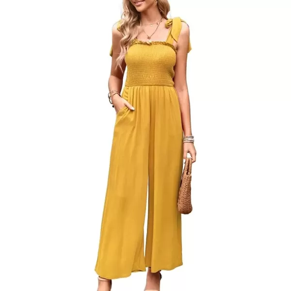 imagechouyatou Womens Smocked Jumpsuit Pants Tie Knot Strap Sleeveless Wide Leg Overall RompersYellow