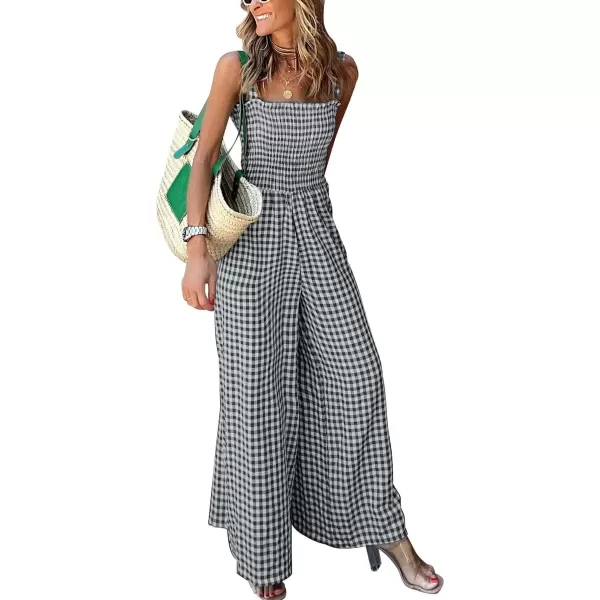 imagechouyatou Womens Smocked Plaid Print Jumpsuits Wide Leg Sleeveless Overalls Jumpsuit PantsBlack