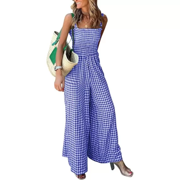 imagechouyatou Womens Smocked Plaid Print Jumpsuits Wide Leg Sleeveless Overalls Jumpsuit PantsBlue