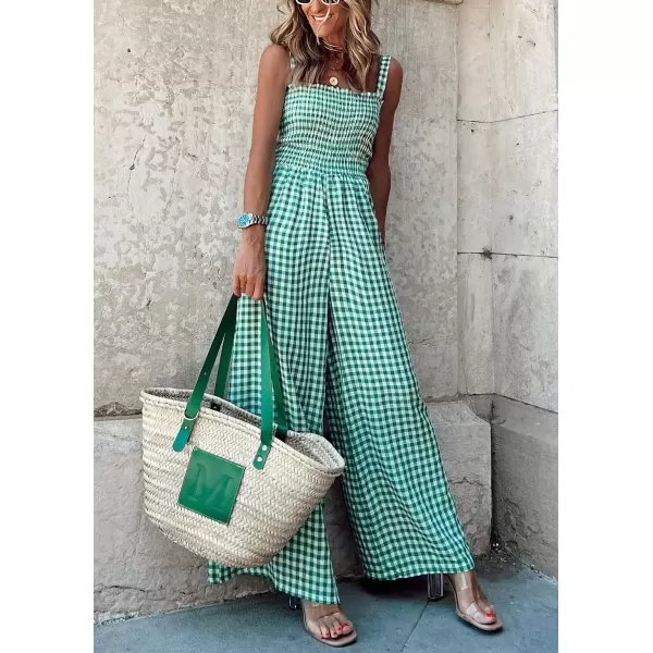imagechouyatou Womens Smocked Plaid Print Jumpsuits Wide Leg Sleeveless Overalls Jumpsuit PantsGreen