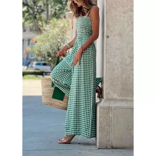 imagechouyatou Womens Smocked Plaid Print Jumpsuits Wide Leg Sleeveless Overalls Jumpsuit PantsGreen
