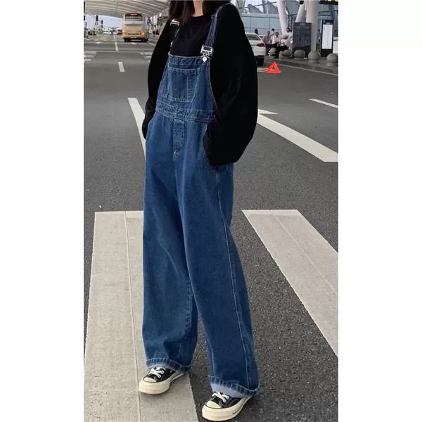 imagechouyatou Womens Spring Classic Adjustable Straps Wide Leg Denim Bib Overalls Jeans Pants JumpsuitsDark Blue