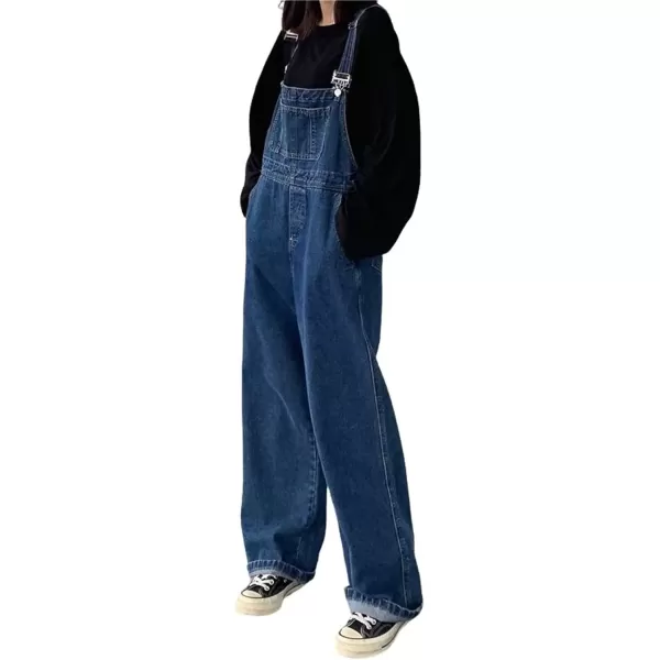 imagechouyatou Womens Spring Classic Adjustable Straps Wide Leg Denim Bib Overalls Jeans Pants JumpsuitsDark Blue