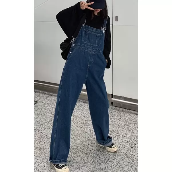 imagechouyatou Womens Spring Classic Adjustable Straps Wide Leg Denim Bib Overalls Jeans Pants JumpsuitsDark Blue
