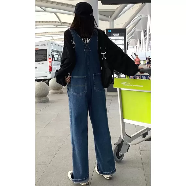 imagechouyatou Womens Spring Classic Adjustable Straps Wide Leg Denim Bib Overalls Jeans Pants JumpsuitsDark Blue