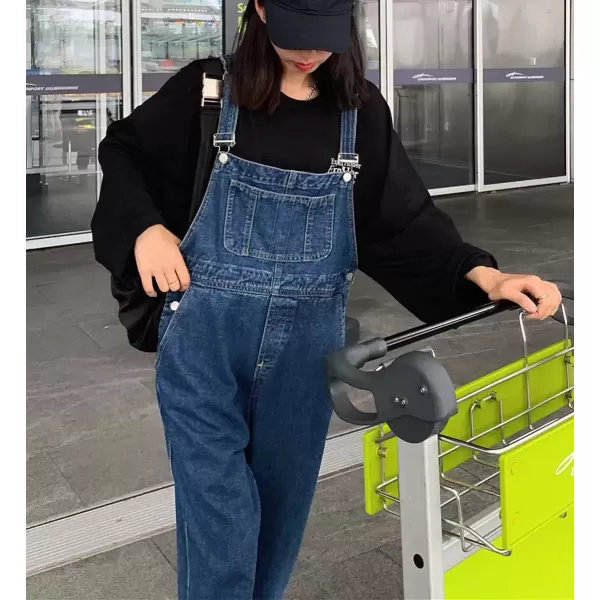 imagechouyatou Womens Spring Classic Adjustable Straps Wide Leg Denim Bib Overalls Jeans Pants JumpsuitsDark Blue