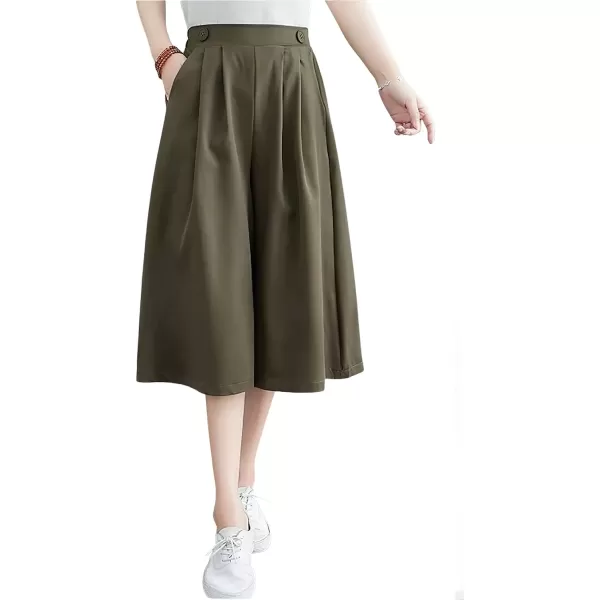 imagechouyatou Womens Summer Casual Chiffon Culottes Capri Pants High Waist Wide Leg Palazzo Pants ShortsArmy Green