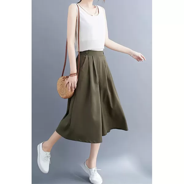 imagechouyatou Womens Summer Casual Chiffon Culottes Capri Pants High Waist Wide Leg Palazzo Pants ShortsArmy Green