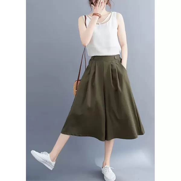 imagechouyatou Womens Summer Casual Chiffon Culottes Capri Pants High Waist Wide Leg Palazzo Pants ShortsArmy Green