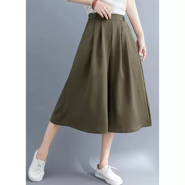 imagechouyatou Womens Summer Casual Chiffon Culottes Capri Pants High Waist Wide Leg Palazzo Pants ShortsArmy Green