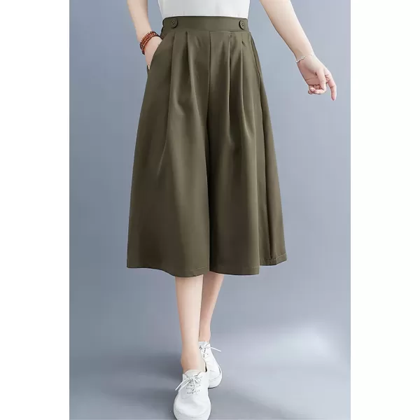 imagechouyatou Womens Summer Casual Chiffon Culottes Capri Pants High Waist Wide Leg Palazzo Pants ShortsArmy Green