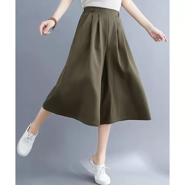 imagechouyatou Womens Summer Casual Chiffon Culottes Capri Pants High Waist Wide Leg Palazzo Pants ShortsArmy Green