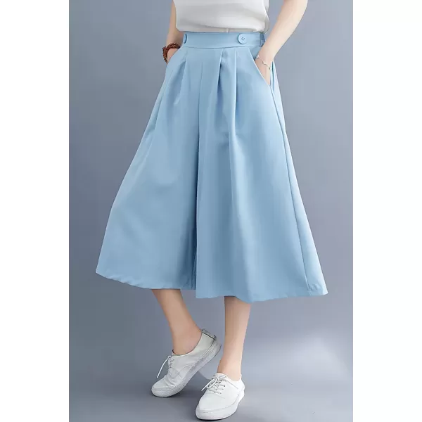 imagechouyatou Womens Summer Casual Chiffon Culottes Capri Pants High Waist Wide Leg Palazzo Pants ShortsAzure