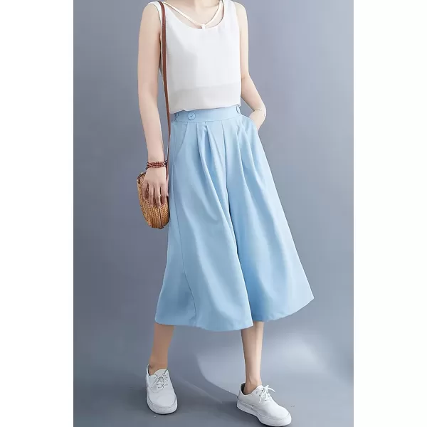 imagechouyatou Womens Summer Casual Chiffon Culottes Capri Pants High Waist Wide Leg Palazzo Pants ShortsAzure