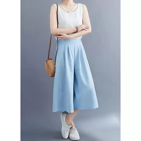 imagechouyatou Womens Summer Casual Chiffon Culottes Capri Pants High Waist Wide Leg Palazzo Pants ShortsAzure