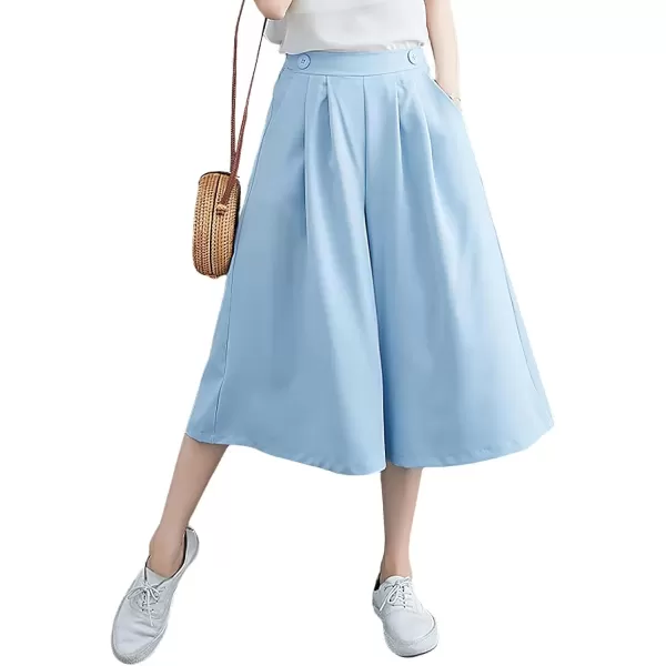 imagechouyatou Womens Summer Casual Chiffon Culottes Capri Pants High Waist Wide Leg Palazzo Pants ShortsAzure