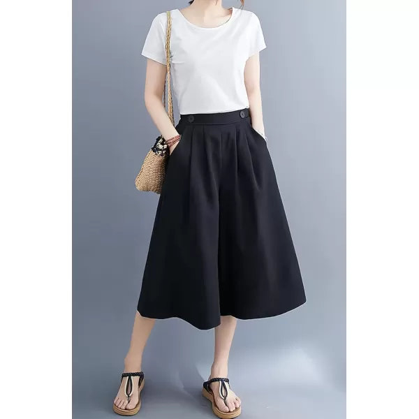 imagechouyatou Womens Summer Casual Chiffon Culottes Capri Pants High Waist Wide Leg Palazzo Pants ShortsBlack
