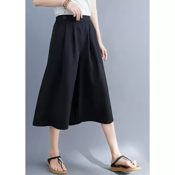 imagechouyatou Womens Summer Casual Chiffon Culottes Capri Pants High Waist Wide Leg Palazzo Pants ShortsBlack
